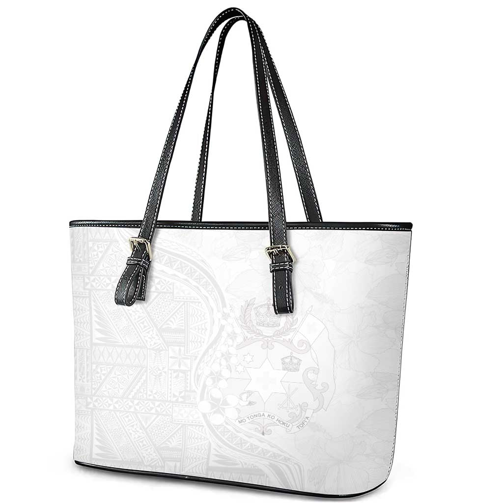 Tonga Faka Sepitema Leather Tote Bag Ngatu Pattern with Plumeria and Hibiscus