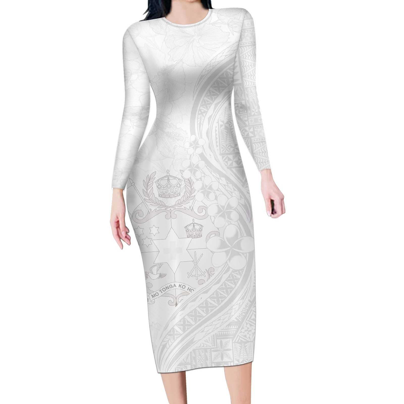 Tonga Faka Sepitema Long Sleeve Bodycon Dress Ngatu Pattern with Plumeria and Hibiscus LT03 Long Dress White - Polynesian Pride