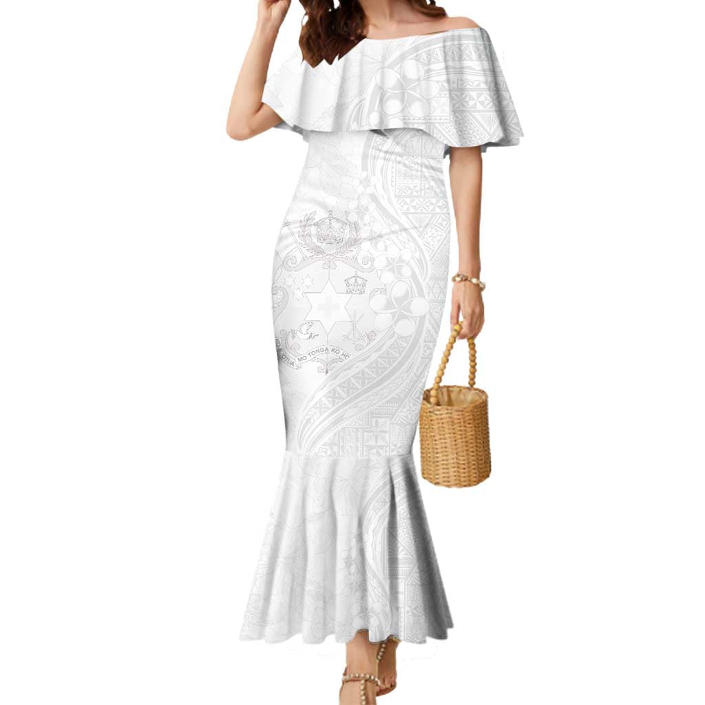 Tonga Faka Sepitema Mermaid Dress Ngatu Pattern with Plumeria and Hibiscus LT03 Women White - Polynesian Pride