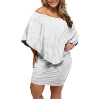Tonga Faka Sepitema Off Shoulder Short Dress Ngatu Pattern with Plumeria and Hibiscus LT03 Women White - Polynesian Pride