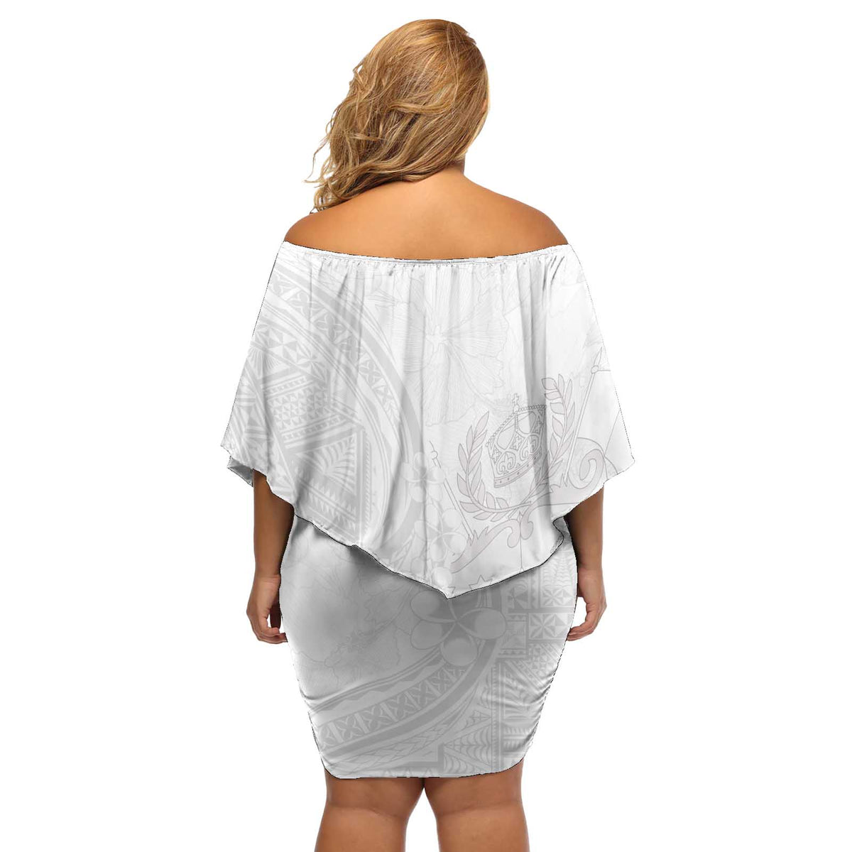 Tonga Faka Sepitema Off Shoulder Short Dress Ngatu Pattern with Plumeria and Hibiscus LT03 - Polynesian Pride