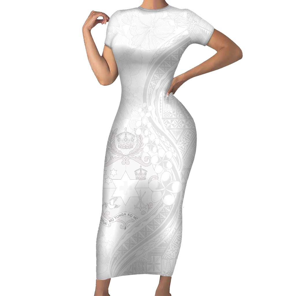 Tonga Faka Sepitema Short Sleeve Bodycon Dress Ngatu Pattern with Plumeria and Hibiscus LT03 Long Dress White - Polynesian Pride