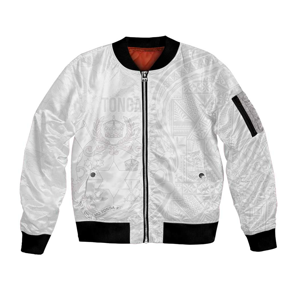 Tonga Faka Sepitema Sleeve Zip Bomber Jacket Ngatu Pattern with Plumeria and Hibiscus LT03 Unisex White - Polynesian Pride