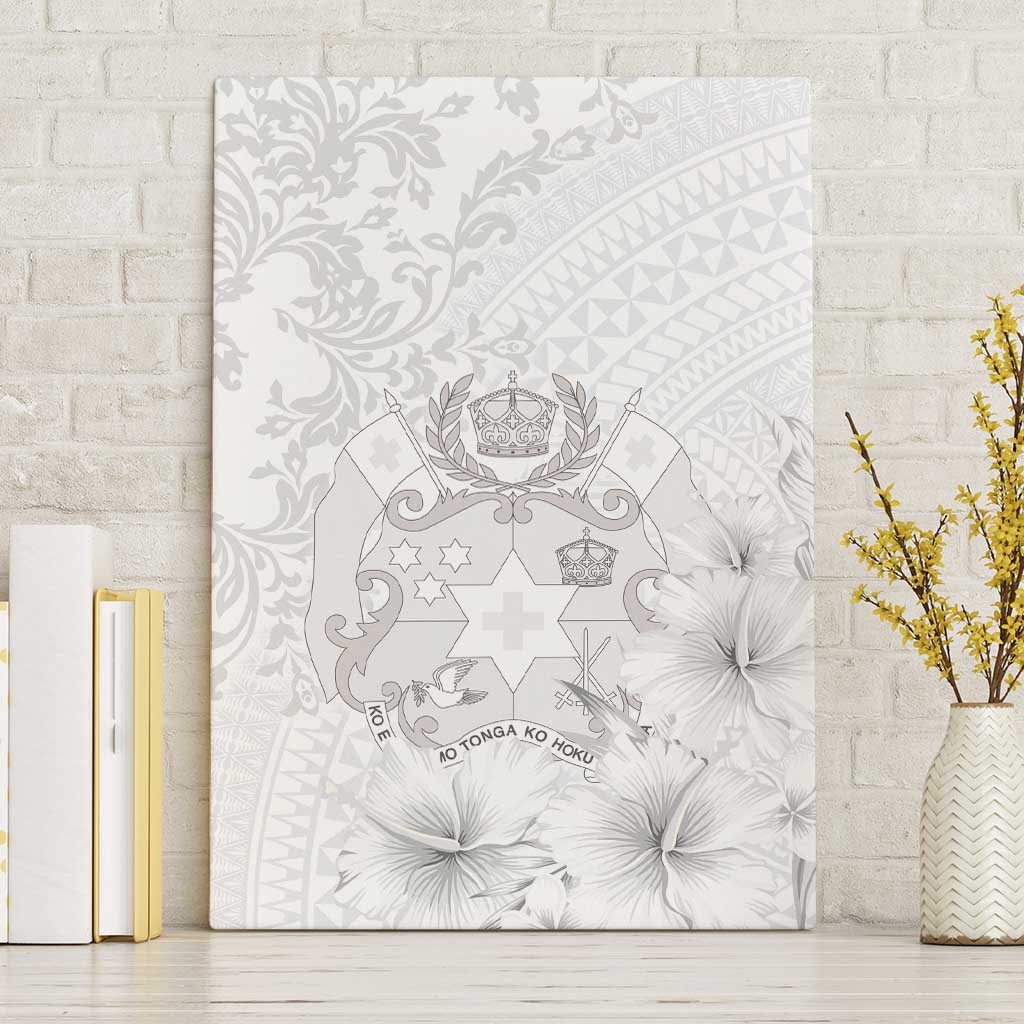 Tonga Faka Sepitema Canvas Wall Art Ngatu and Floral Pattern with Blooming Hibiscus LT03 Without Frame White - Polynesian Pride