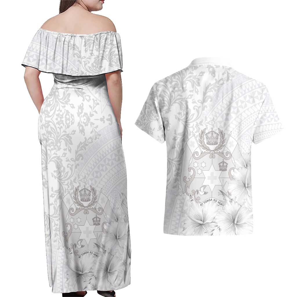 Tonga Faka Sepitema Couples Matching Off Shoulder Maxi Dress and Hawaiian Shirt Ngatu and Floral Pattern with Blooming Hibiscus