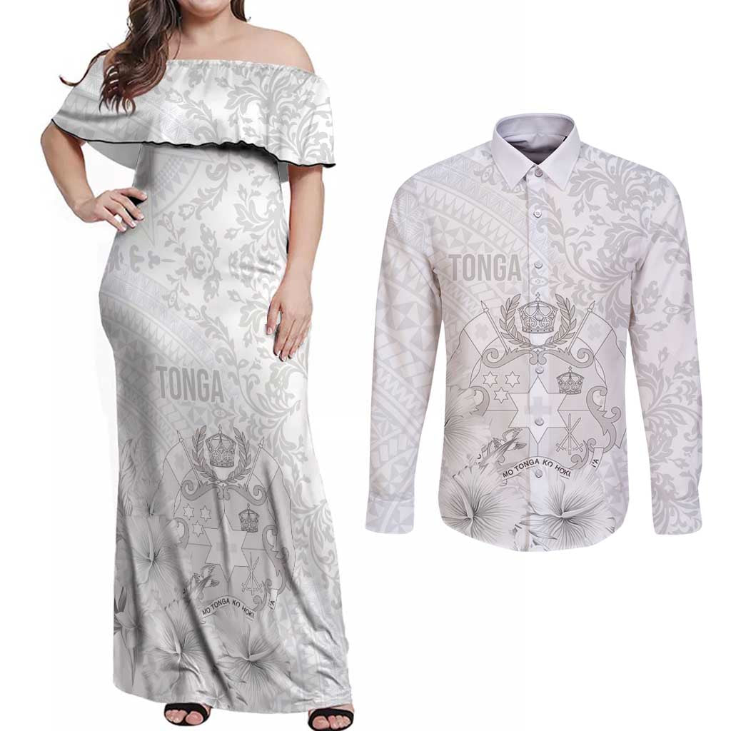 Tonga Faka Sepitema Couples Matching Off Shoulder Maxi Dress and Long Sleeve Button Shirt Ngatu and Floral Pattern with Blooming Hibiscus LT03 White - Polynesian Pride
