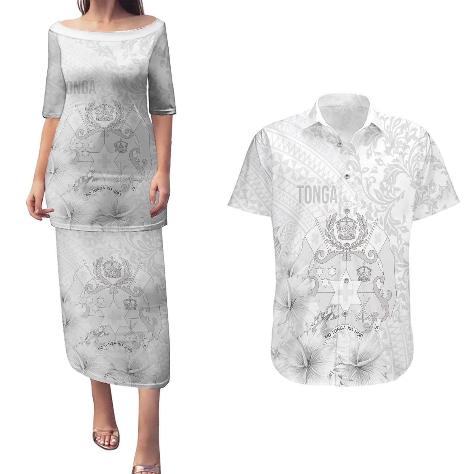 Tonga Faka Sepitema Couples Matching Puletasi and Hawaiian Shirt Ngatu and Floral Pattern with Blooming Hibiscus LT03 White - Polynesian Pride