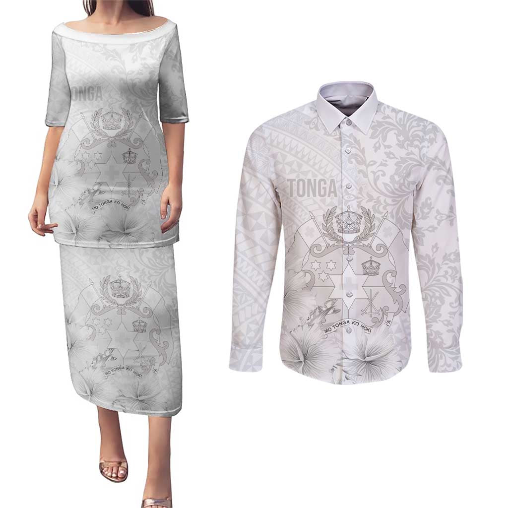 Tonga Faka Sepitema Couples Matching Puletasi and Long Sleeve Button Shirt Ngatu and Floral Pattern with Blooming Hibiscus LT03 White - Polynesian Pride