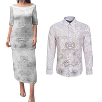 Tonga Faka Sepitema Couples Matching Puletasi and Long Sleeve Button Shirt Ngatu and Floral Pattern with Blooming Hibiscus