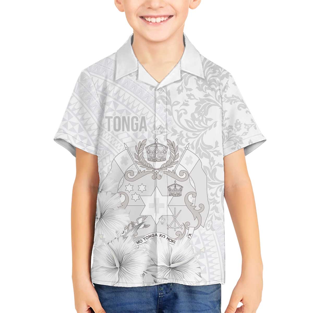 Tonga Faka Sepitema Family Matching Off Shoulder Short Dress and Hawaiian Shirt Ngatu and Floral Pattern with Blooming Hibiscus
