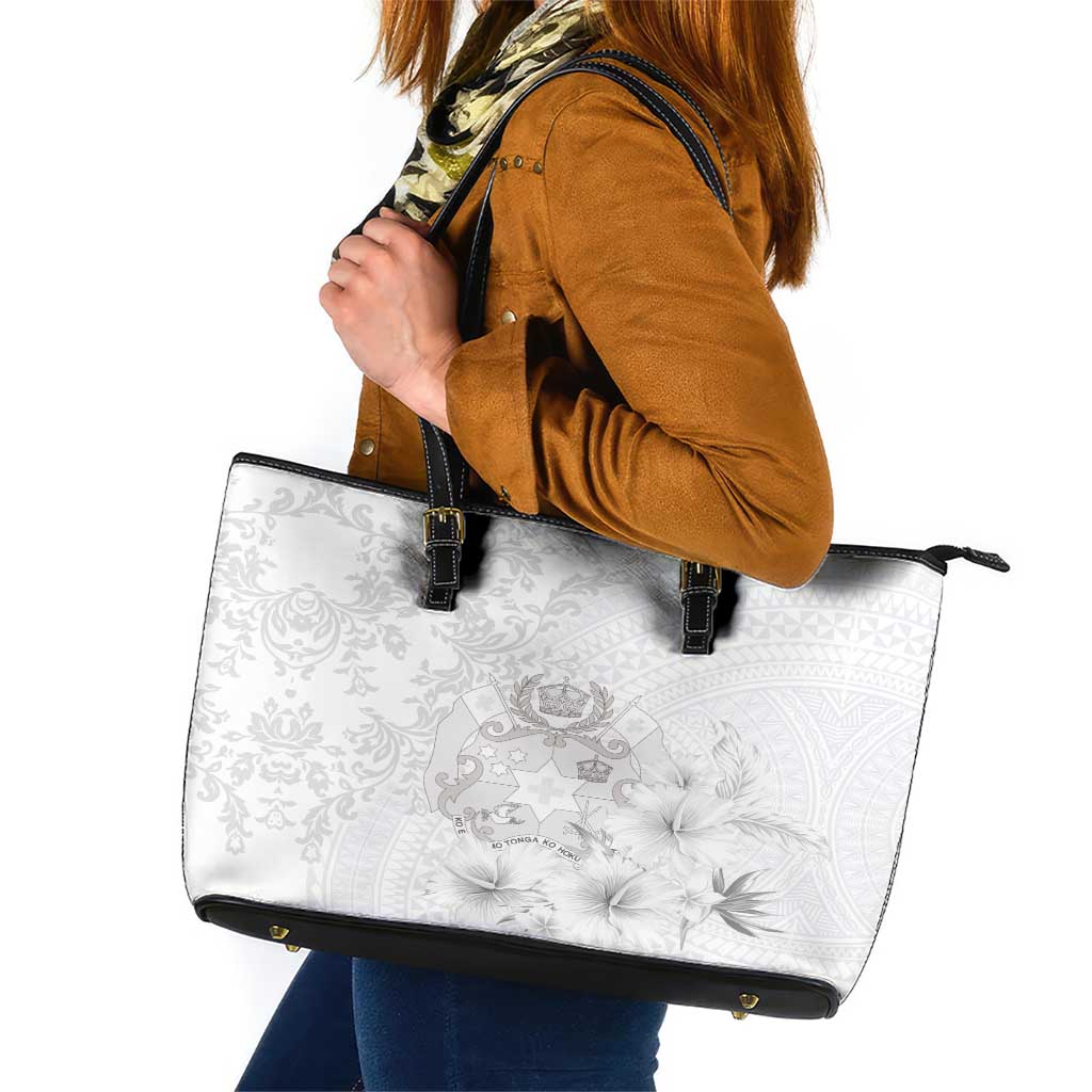 Tonga Faka Sepitema Leather Tote Bag Ngatu and Floral Pattern with Blooming Hibiscus LT03 White - Polynesian Pride