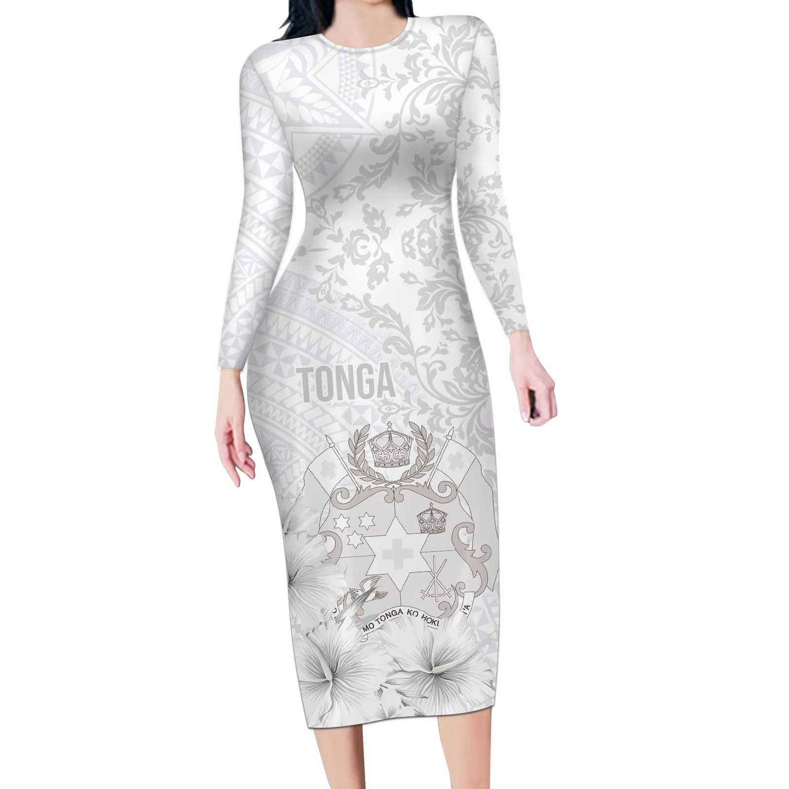 Tonga Faka Sepitema Long Sleeve Bodycon Dress Ngatu and Floral Pattern with Blooming Hibiscus LT03 Long Dress White - Polynesian Pride