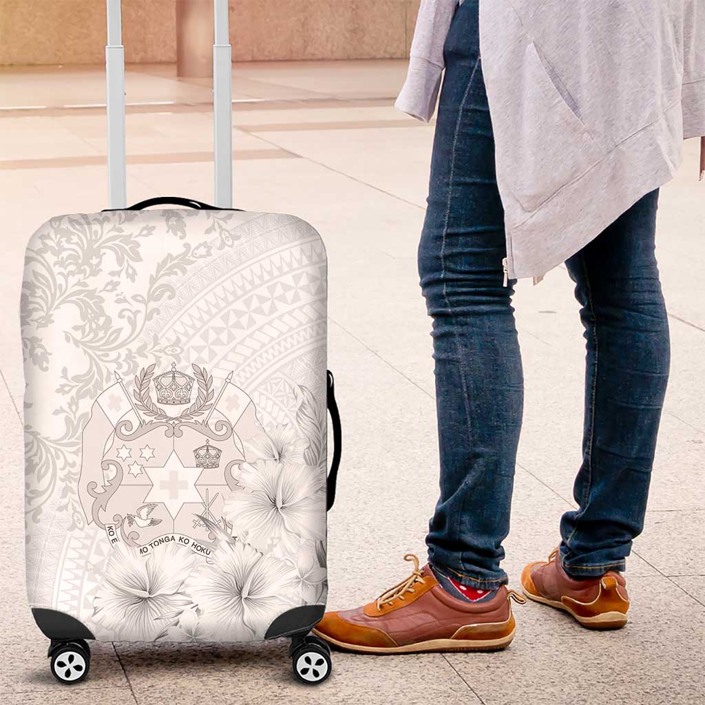 Tonga Faka Sepitema Luggage Cover Ngatu and Floral Pattern with Blooming Hibiscus LT03 White - Polynesian Pride