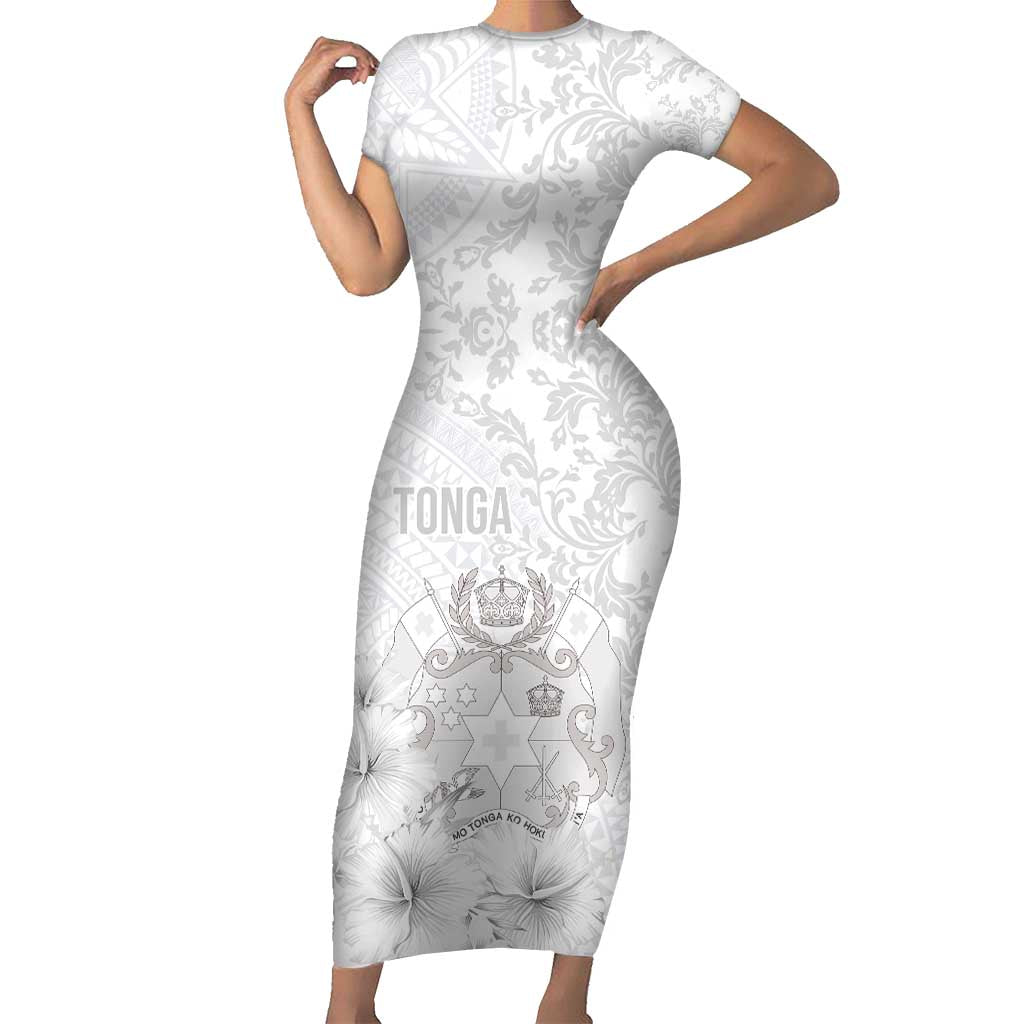 Tonga Faka Sepitema Short Sleeve Bodycon Dress Ngatu and Floral Pattern with Blooming Hibiscus LT03 Long Dress White - Polynesian Pride