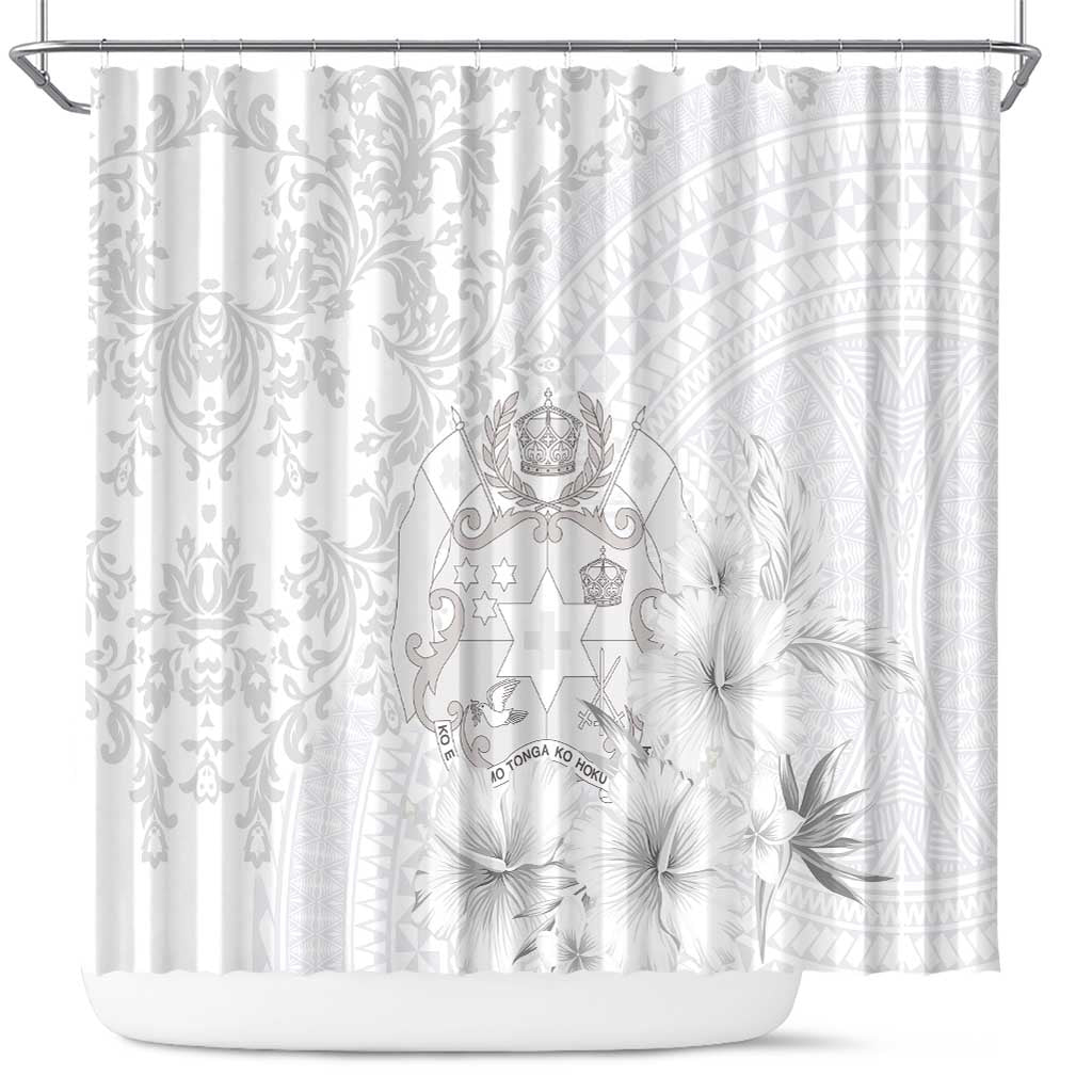 Tonga Faka Sepitema Shower Curtain Ngatu and Floral Pattern with Blooming Hibiscus LT03 White - Polynesian Pride