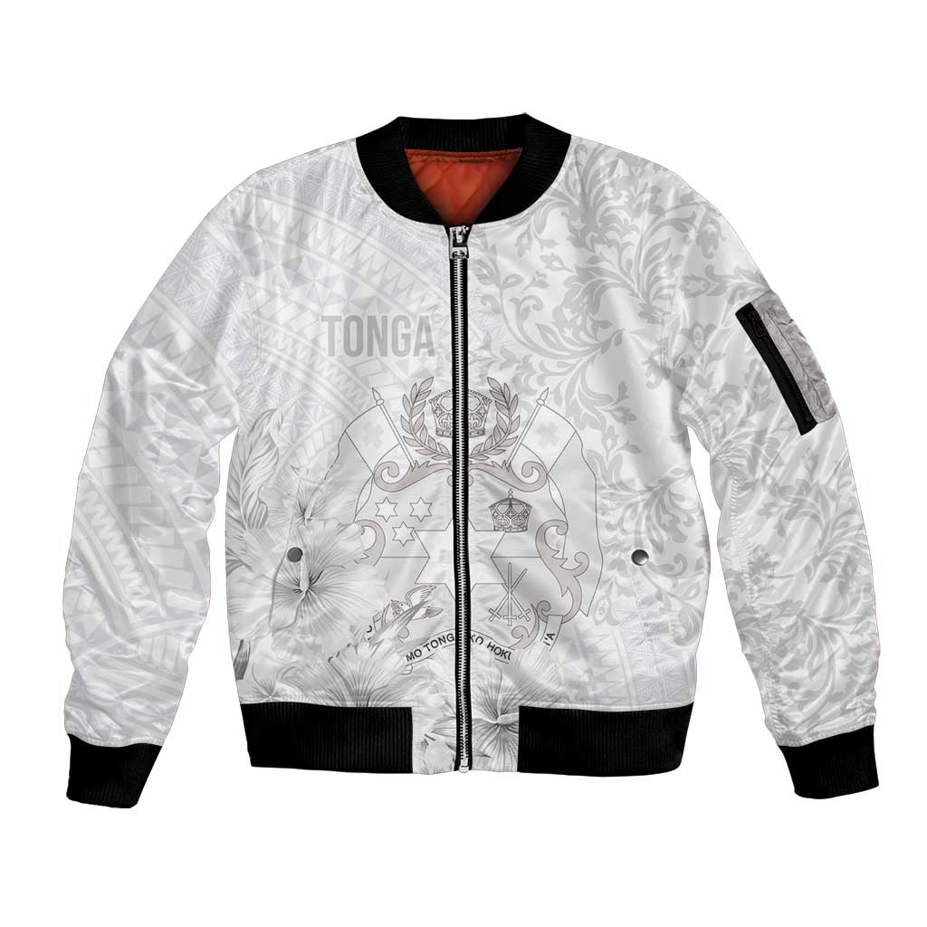 Tonga Faka Sepitema Sleeve Zip Bomber Jacket Ngatu and Floral Pattern with Blooming Hibiscus LT03 Unisex White - Polynesian Pride