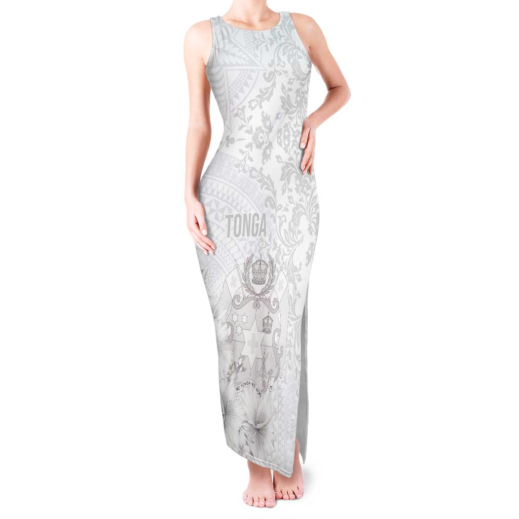 Tonga Faka Sepitema Tank Maxi Dress Ngatu and Floral Pattern with Blooming Hibiscus LT03 Women White - Polynesian Pride