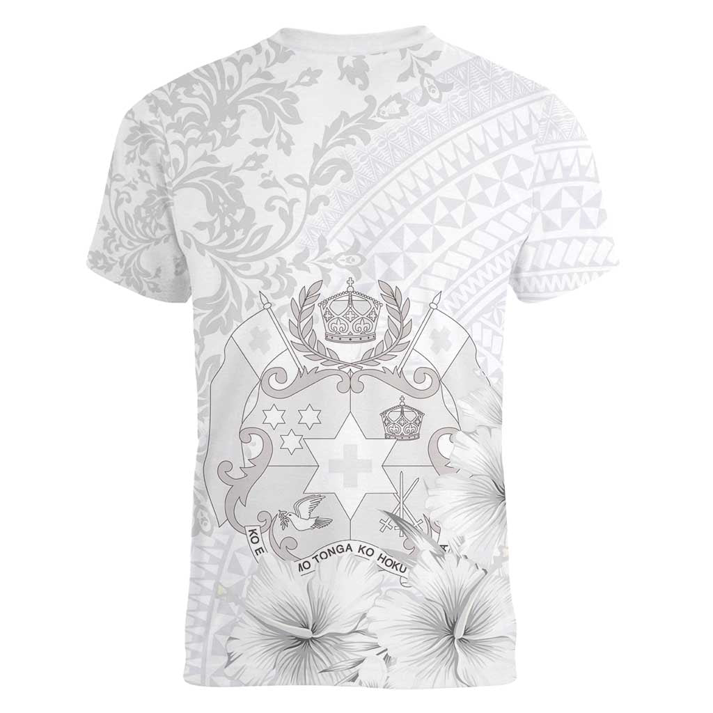Tonga Faka Sepitema Women V-Neck T-Shirt Ngatu and Floral Pattern with Blooming Hibiscus