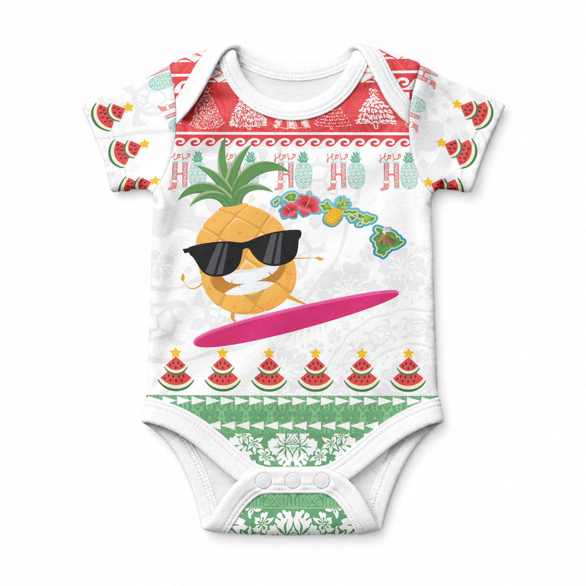 Hawaiian Mele Kalikimaka Baby Onesie Funny Pineapple Surfing with Map Christmas Stripe Elements