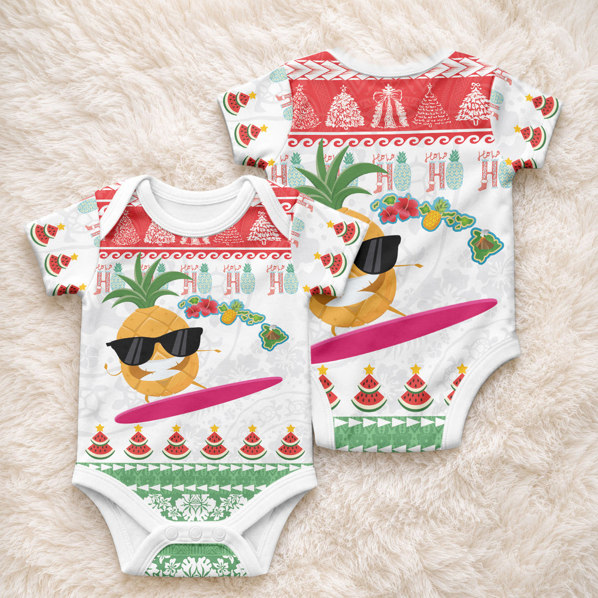 Hawaiian Mele Kalikimaka Baby Onesie Funny Pineapple Surfing with Map Christmas Stripe Elements