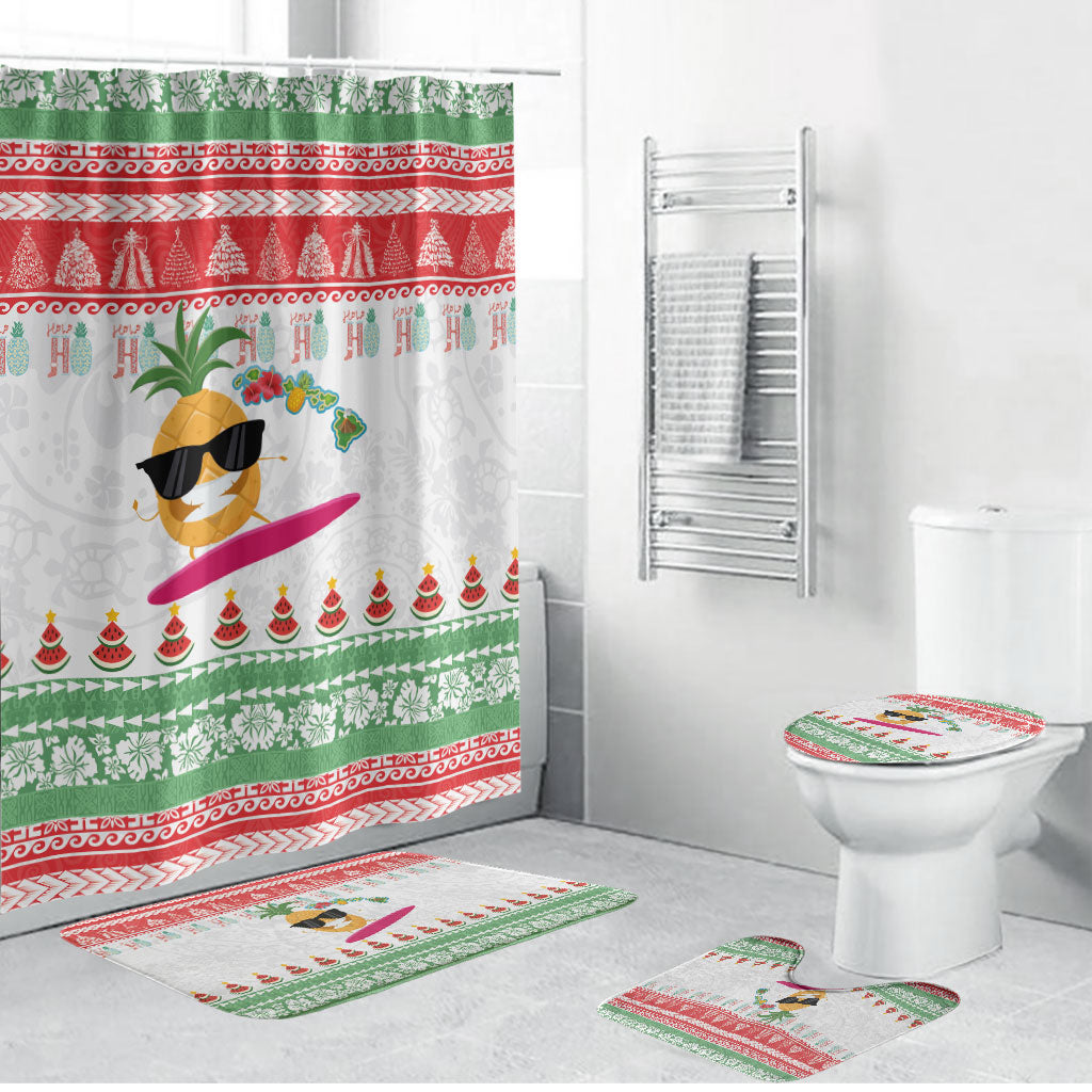 Hawaiian Mele Kalikimaka Bathroom Set Funny Pineapple Surfing with Map Christmas Stripe Elements