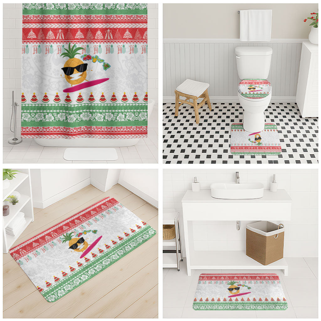 Hawaiian Mele Kalikimaka Bathroom Set Funny Pineapple Surfing with Map Christmas Stripe Elements