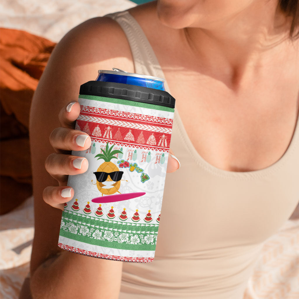 Hawaiian Mele Kalikimaka 4 in 1 Can Cooler Tumbler Funny Pineapple Surfing with Map Christmas Stripe Elements