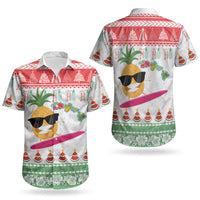 Hawaiian Mele Kalikimaka Couples Matching Off The Shoulder Long Sleeve Dress and Hawaiian Shirt Funny Pineapple Surfing with Map Christmas Stripe Elements