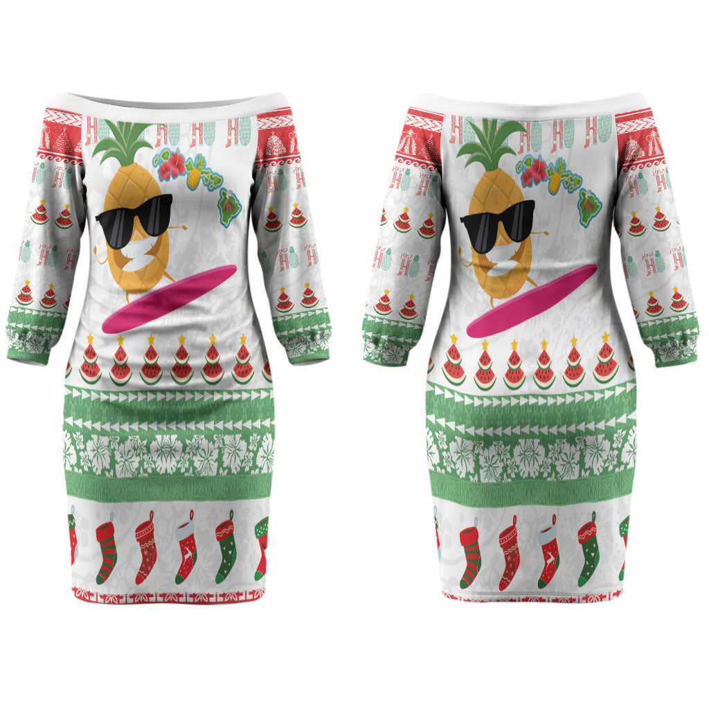 Hawaiian Mele Kalikimaka Couples Matching Off The Shoulder Long Sleeve Dress and Hawaiian Shirt Funny Pineapple Surfing with Map Christmas Stripe Elements