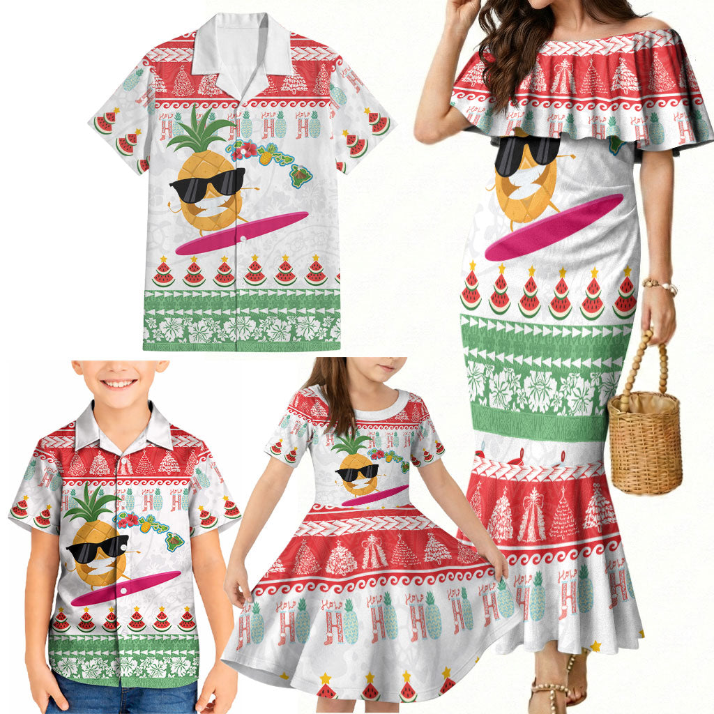 Hawaiian Mele Kalikimaka Family Matching Mermaid Dress and Hawaiian Shirt Funny Pineapple Surfing with Map Christmas Stripe Elements