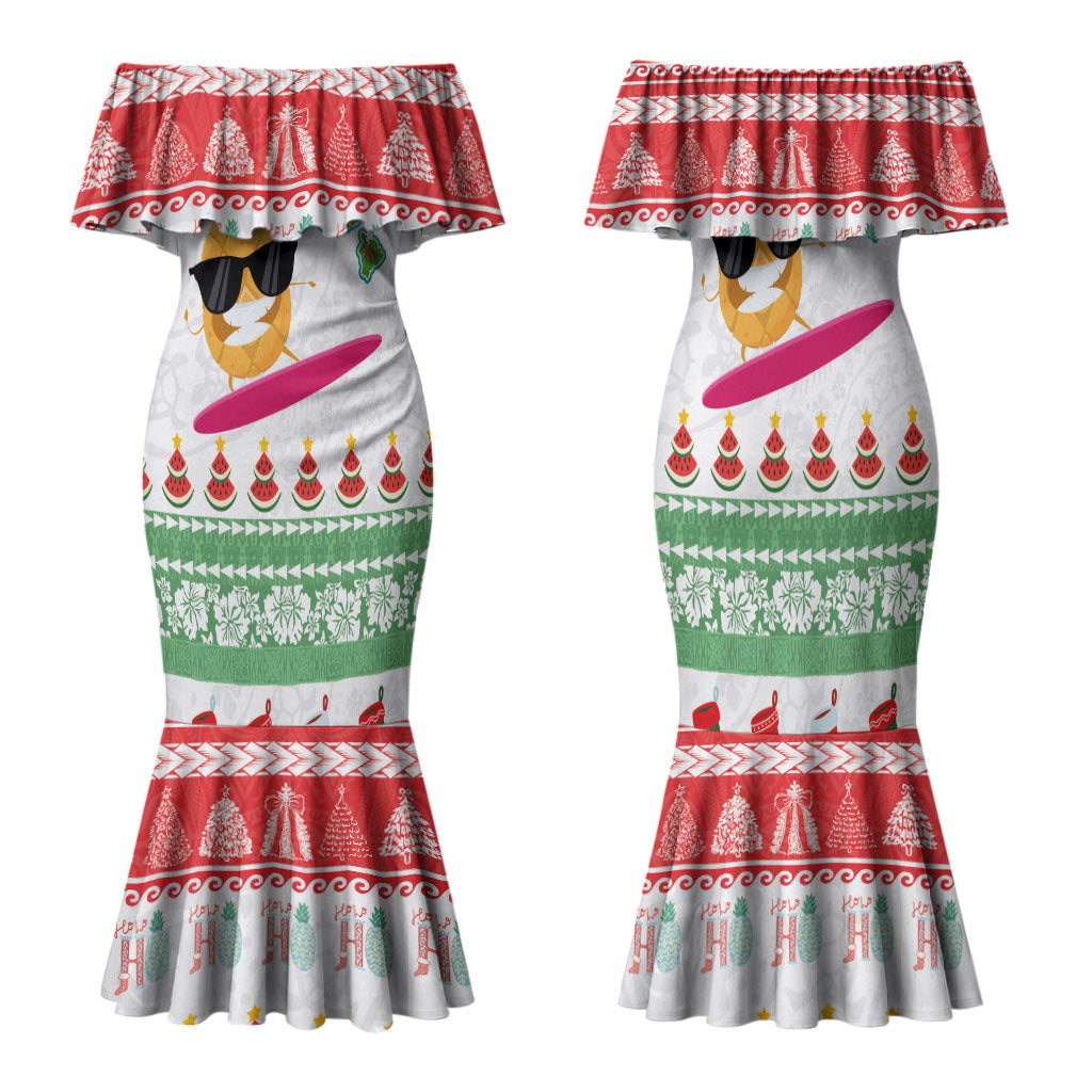 Hawaiian Mele Kalikimaka Family Matching Mermaid Dress and Hawaiian Shirt Funny Pineapple Surfing with Map Christmas Stripe Elements
