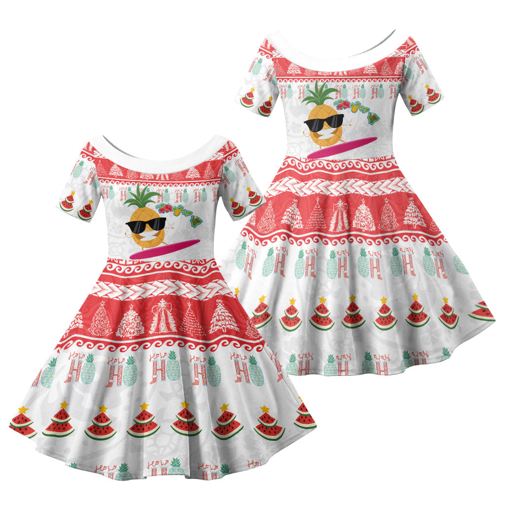 Hawaiian Mele Kalikimaka Family Matching Mermaid Dress and Hawaiian Shirt Funny Pineapple Surfing with Map Christmas Stripe Elements