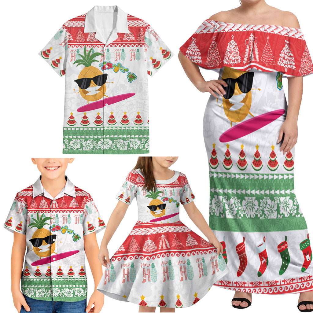 Hawaiian Mele Kalikimaka Family Matching Off Shoulder Maxi Dress and Hawaiian Shirt Funny Pineapple Surfing with Map Christmas Stripe Elements