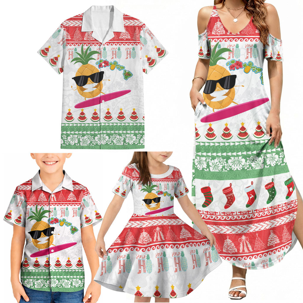 Hawaiian Mele Kalikimaka Family Matching Summer Maxi Dress and Hawaiian Shirt Funny Pineapple Surfing with Map Christmas Stripe Elements