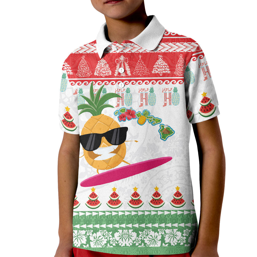 Hawaiian Mele Kalikimaka Kid Polo Shirt Funny Pineapple Surfing with Map Christmas Stripe Elements