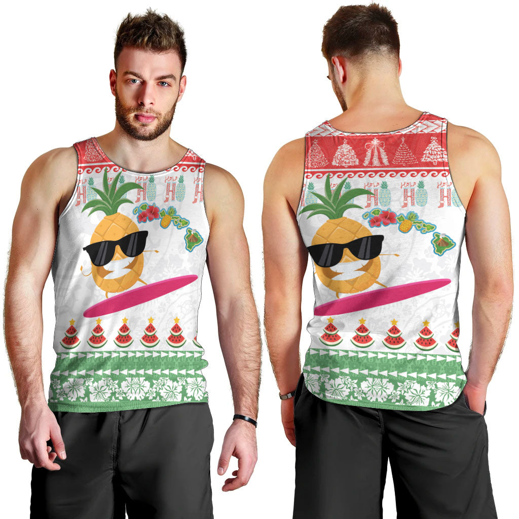 Hawaiian Mele Kalikimaka Men Tank Top Funny Pineapple Surfing with Map Christmas Stripe Elements