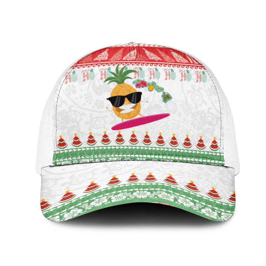 Hawaiian Mele Kalikimaka Mesh Trucker Cap Funny Pineapple Surfing with Map Christmas Stripe Elements