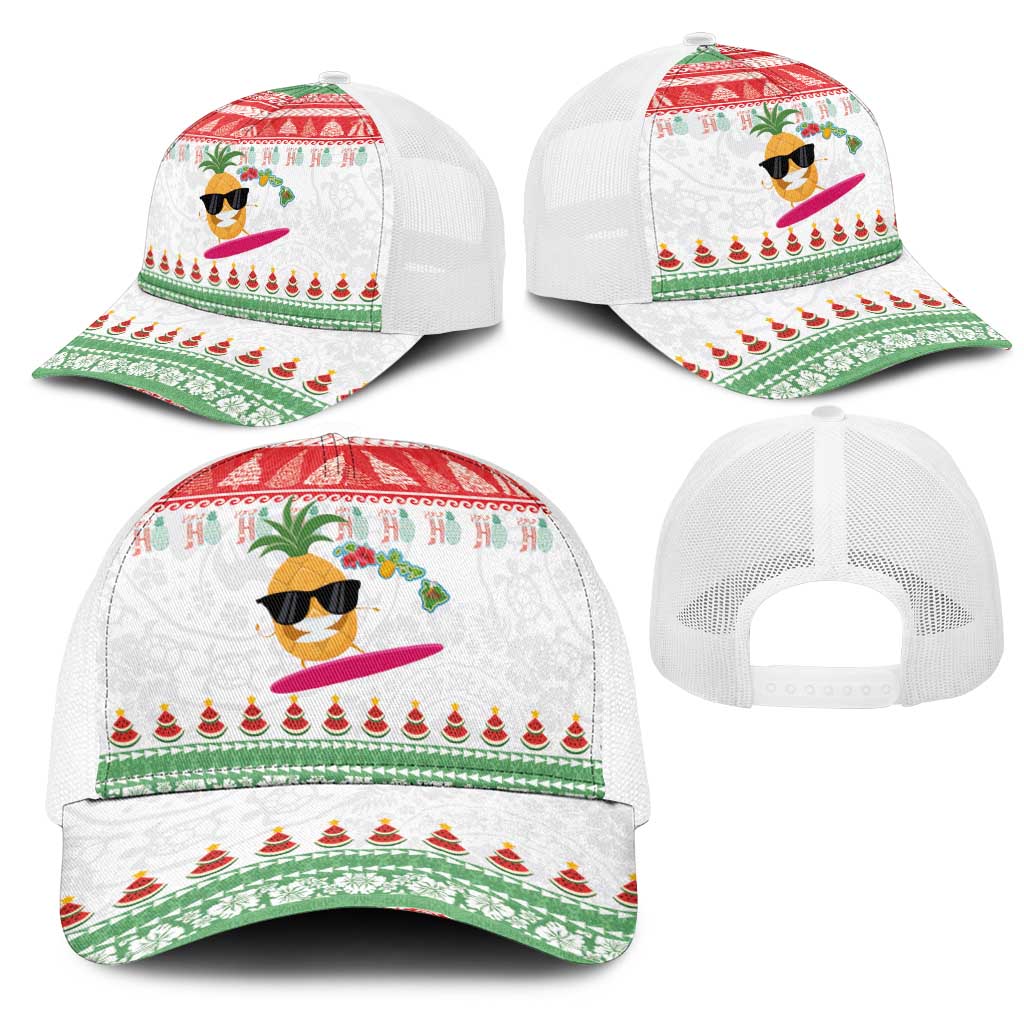 Hawaiian Mele Kalikimaka Mesh Trucker Cap Funny Pineapple Surfing with Map Christmas Stripe Elements