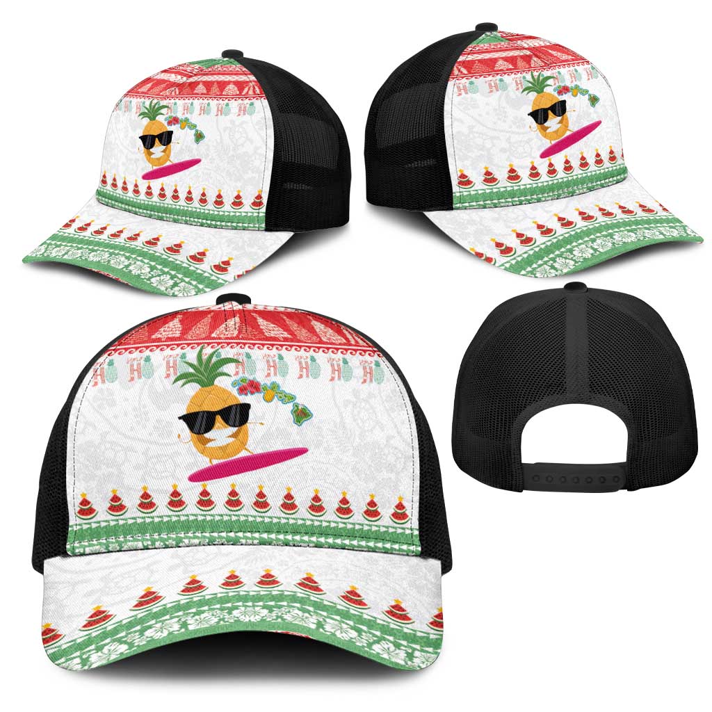 Hawaiian Mele Kalikimaka Mesh Trucker Cap Funny Pineapple Surfing with Map Christmas Stripe Elements