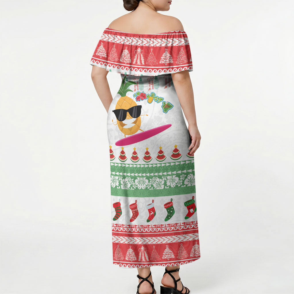 Hawaiian Mele Kalikimaka Off Shoulder Maxi Dress Funny Pineapple Surfing with Map Christmas Stripe Elements