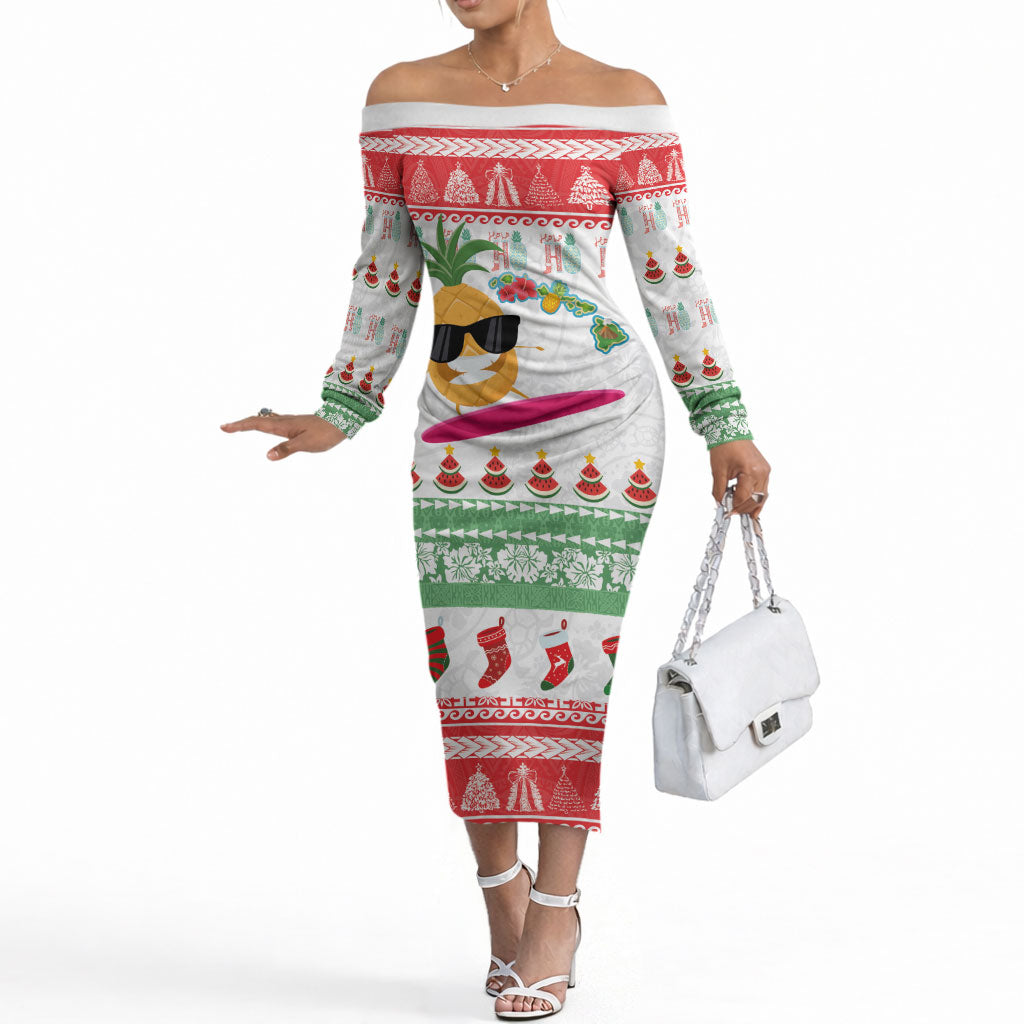 Hawaiian Mele Kalikimaka Off The Shoulder Long Sleeve Dress Funny Pineapple Surfing with Map Christmas Stripe Elements