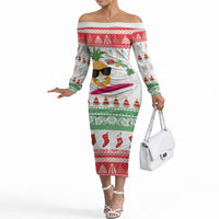 Hawaiian Mele Kalikimaka Off The Shoulder Long Sleeve Dress Funny Pineapple Surfing with Map Christmas Stripe Elements