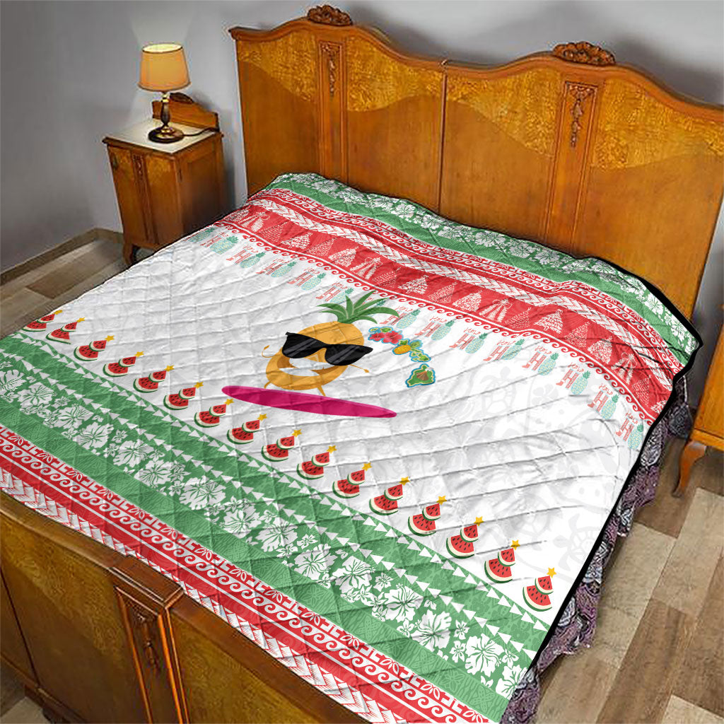 Hawaiian Mele Kalikimaka Quilt Funny Pineapple Surfing with Map Christmas Stripe Elements