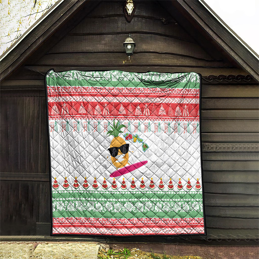 Hawaiian Mele Kalikimaka Quilt Funny Pineapple Surfing with Map Christmas Stripe Elements