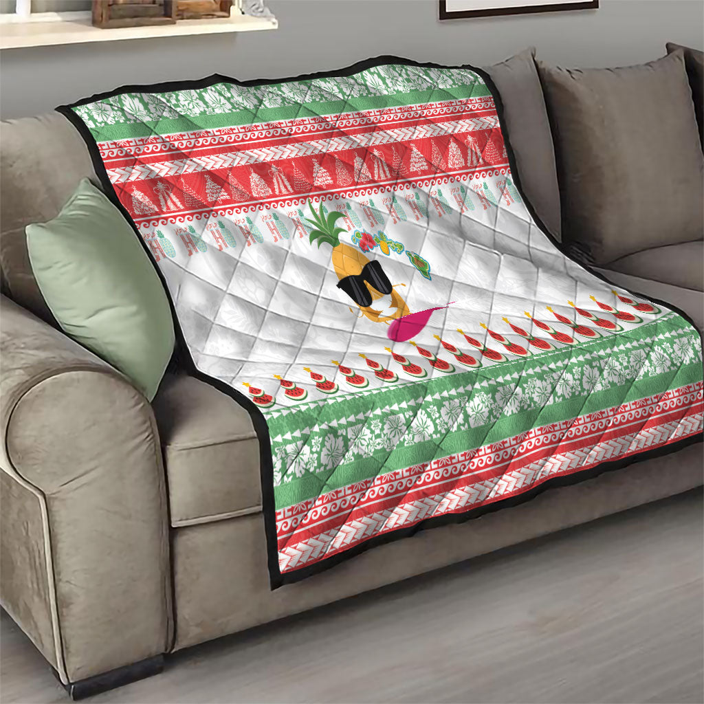 Hawaiian Mele Kalikimaka Quilt Funny Pineapple Surfing with Map Christmas Stripe Elements