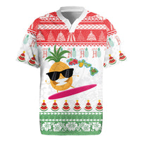 Hawaiian Mele Kalikimaka Rugby Jersey Funny Pineapple Surfing with Map Christmas Stripe Elements