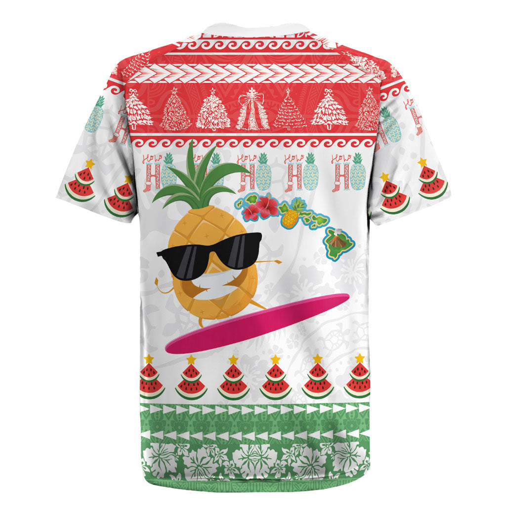 Hawaiian Mele Kalikimaka Rugby Jersey Funny Pineapple Surfing with Map Christmas Stripe Elements