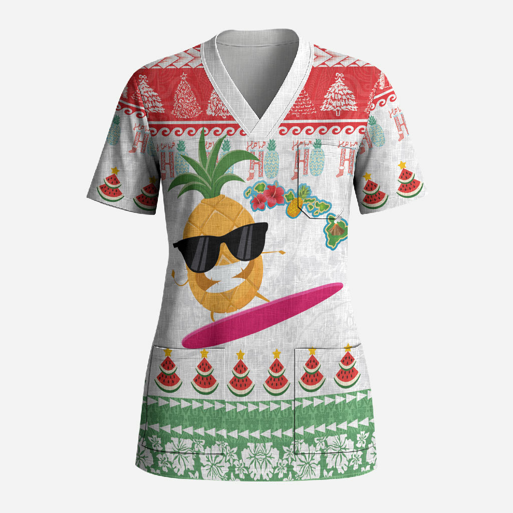 Hawaiian Mele Kalikimaka Scrub Top Funny Pineapple Surfing with Map Christmas Stripe Elements