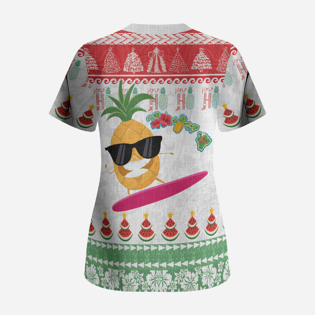Hawaiian Mele Kalikimaka Scrub Top Funny Pineapple Surfing with Map Christmas Stripe Elements