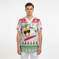 Hawaiian Mele Kalikimaka Scrub Top Funny Pineapple Surfing with Map Christmas Stripe Elements
